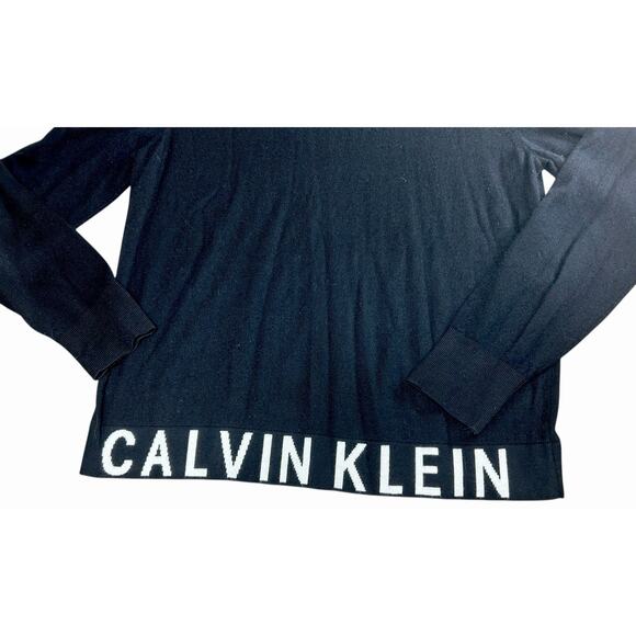 Calvin Klein Jeans Black Sweater Women's Sz M Hem Spell-Out Pullover Top - Picture 4 of 7
